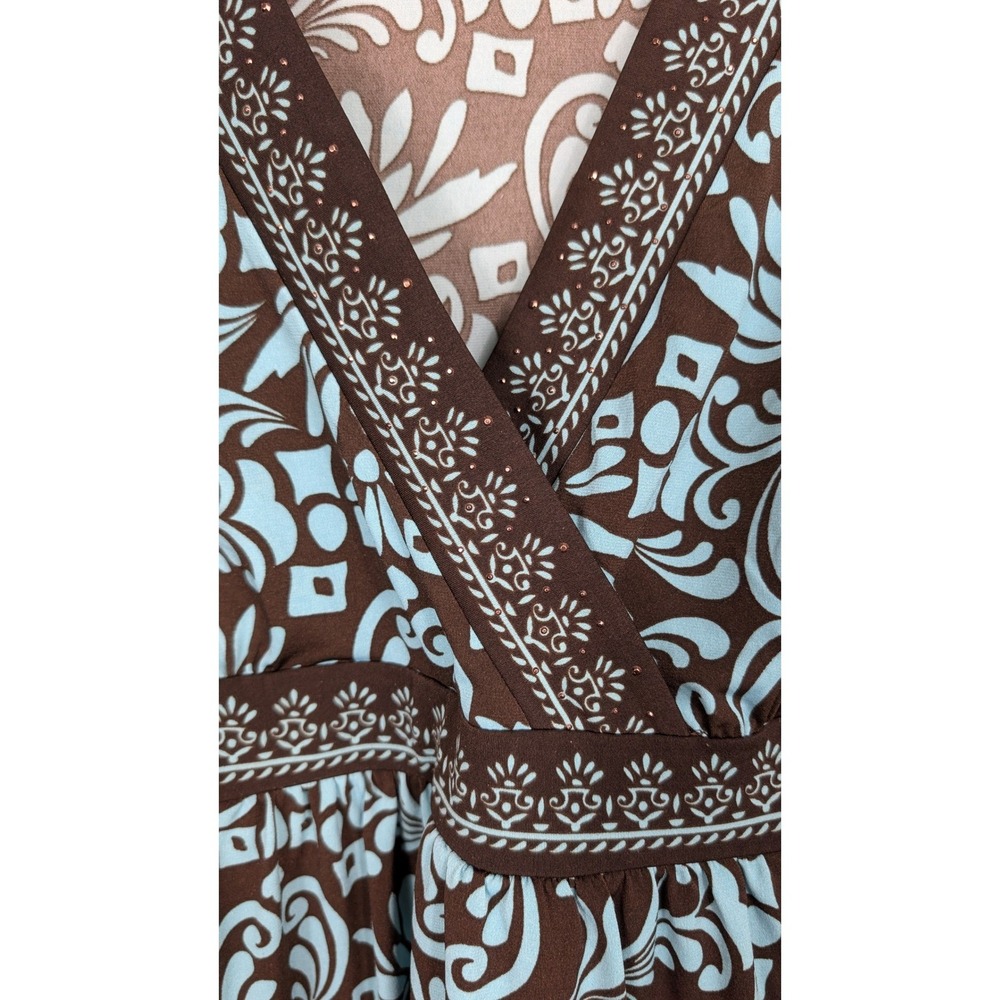 Apt. 9 Faux Wrap Top Women Large Brown Blue Short Sleeve Rhinestone V-Neck - Picture 2 of 9